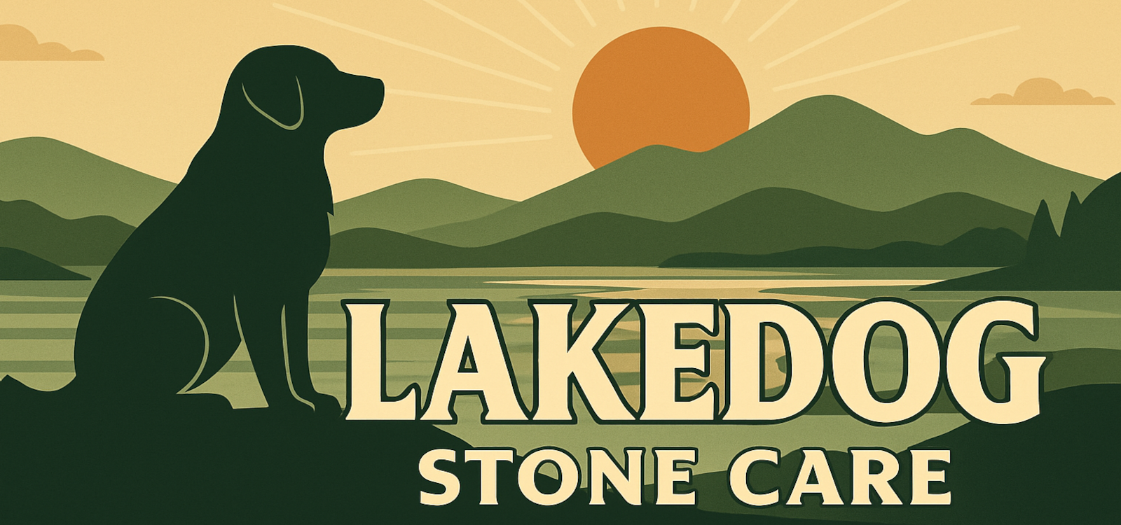 LakeDog Stone Care banner showing black lab and Lake Norman sunrise